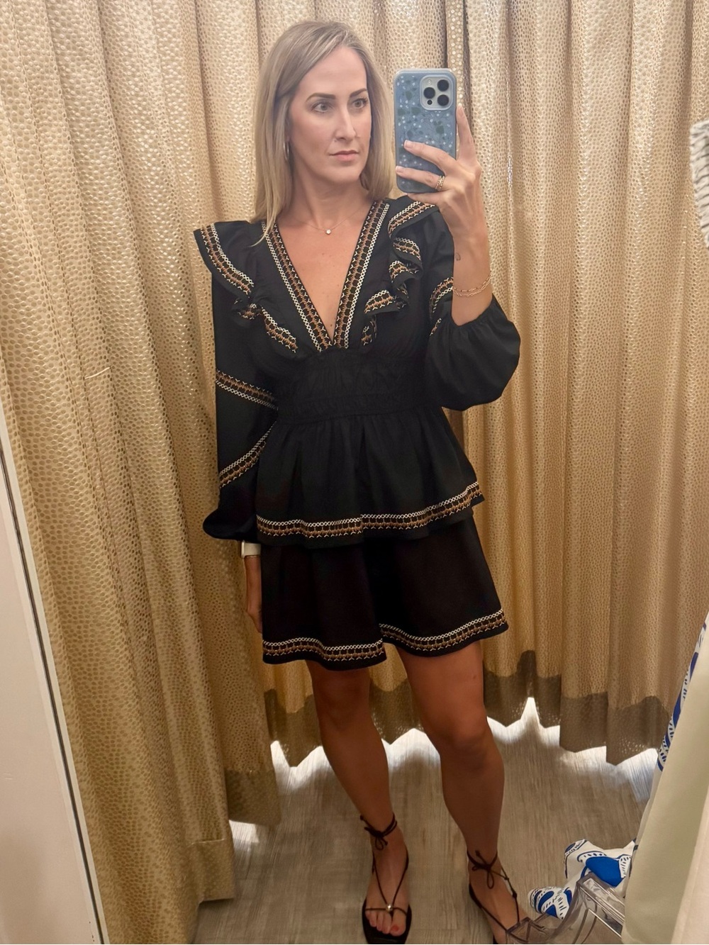 NWOT Black Embroidered Ruffle Long-Sleeve Dress